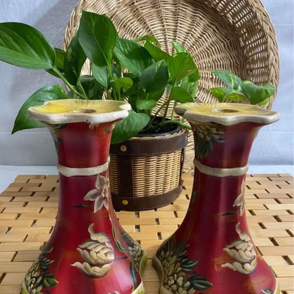 Candlestick Holders Set Of 2 Wallendorf Roses Hand Painted